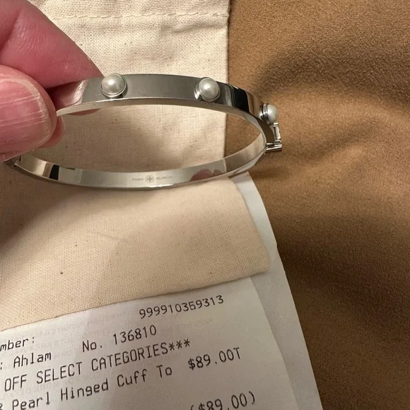 Tory Burch Silver Hinged Bangle Bracelet with Pearl Accents - Picture 5 of 9